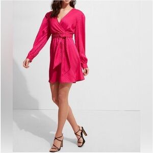 Express Satin Jacquard Long Sleeve Mini Dress Size Medium Faux Wrap Pink Dress